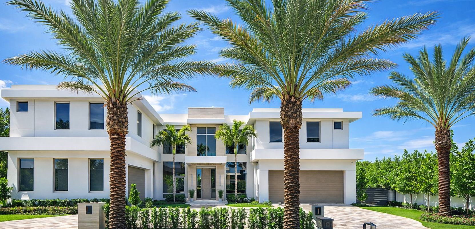 Modern white home with royal palms and a hedge-lined drive