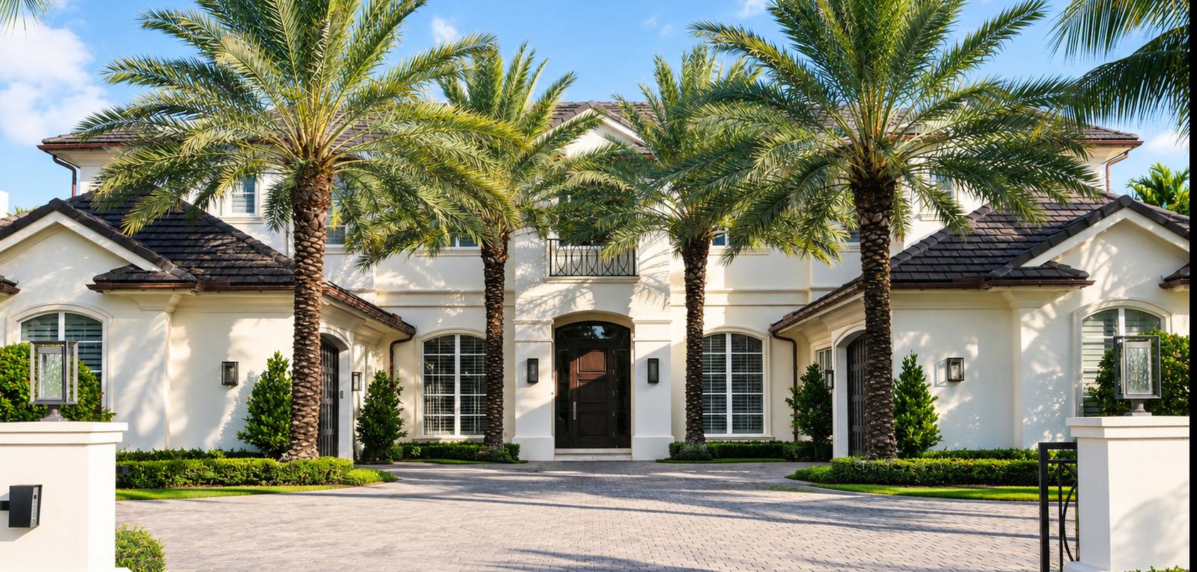 White estate with a palm-lined front courtyard