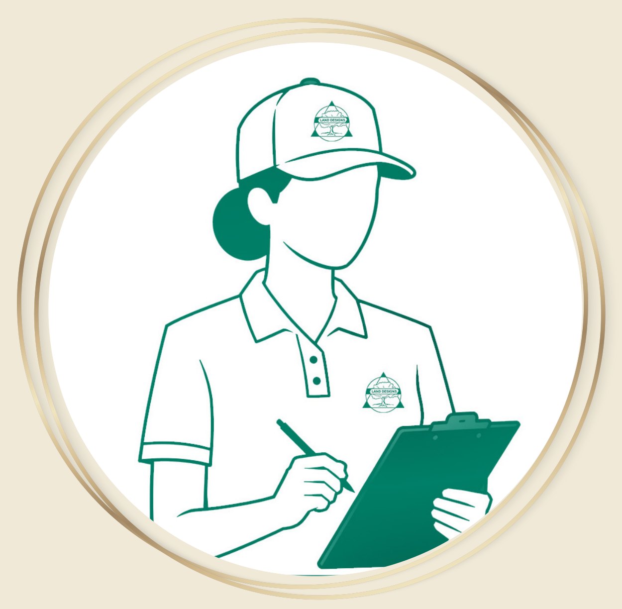 Illustration of a Land Designs account manager in a branded cap and polo, taking notes on a clipboard